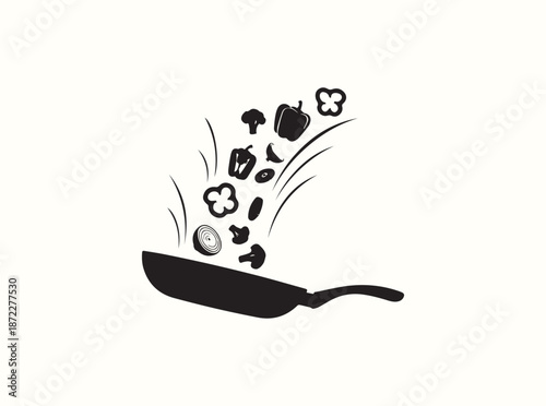 Solid black silhouette of sliced vegetables flipping in a frying pan with curved motion lines, isolated on white

