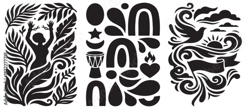 Collection of abstract black graphic elements including a dancing figure, rainbows, a dove, and a heart.