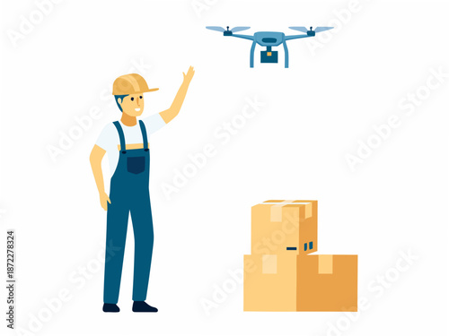 Man in overalls operating drone for package delivery