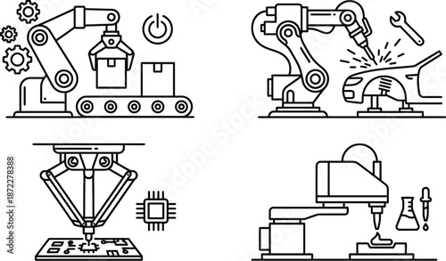 Industrial robotic arm automation line art vector illustration