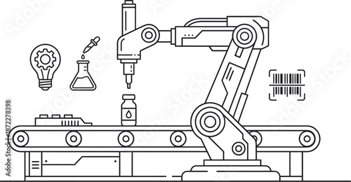 Industrial robotic arm automation line art vector illustration
