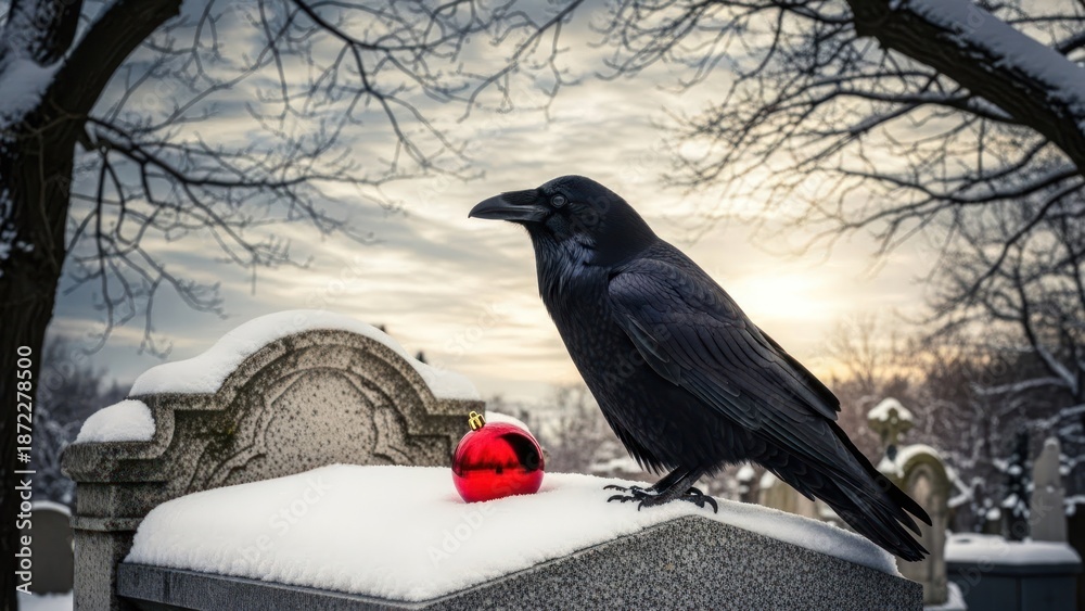 Fototapeta premium Raven perched on snowy tombstone with ornament, cemetery in background at sunset