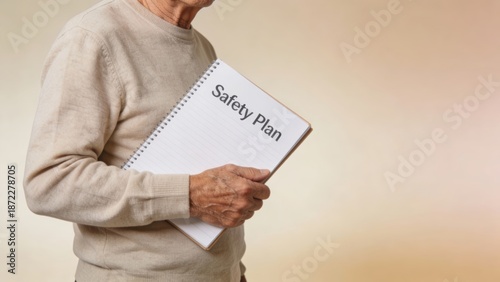 Wallpaper Mural Person holding notebook titled Safety Plan against beige background Torontodigital.ca