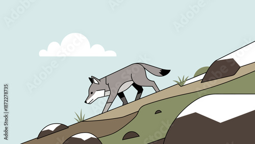 Agile fox walking cautiously uphill on a grassy slope with rolling hills and a cloudy sky in a charming flat design illustration.