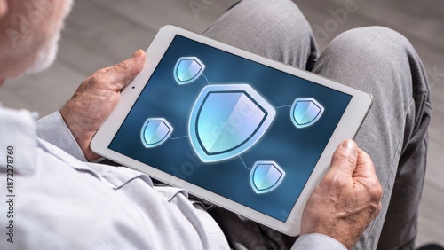 Wallpaper Mural Older adult holding tablet displaying digital shield icons for cybersecurity. Torontodigital.ca