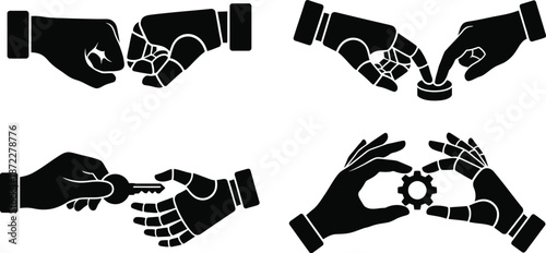 Robotic hand connecting with human fingers vector illustration