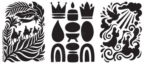 Three Wise Men on camels following a star, with crowns, a dove, and abstract shapes, representing a nativity scene.