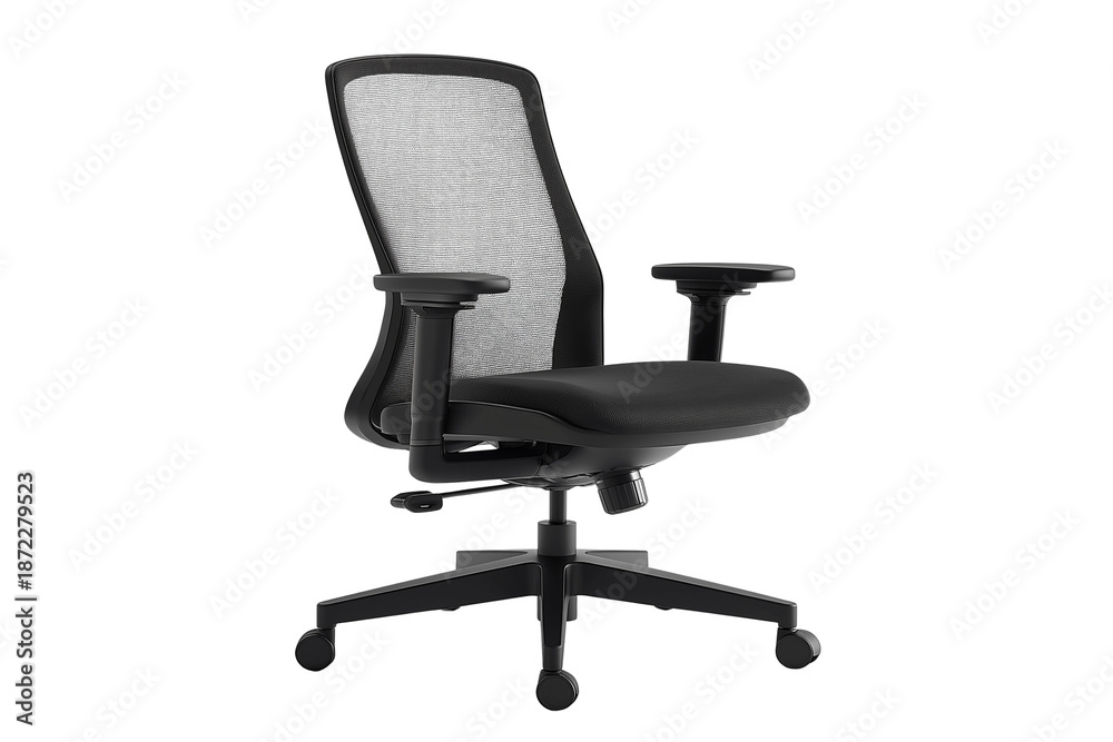 Obraz premium Black Office Chair with Mesh Back and Armrests Isolated on Transparent Background Modern Workplace Furniture