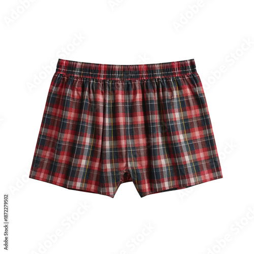 Red and Green Plaid Boxer Shorts for Men Displayed on a White Background