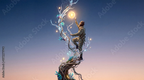 Surreal fantasy aviator climbing a magical crystal tree reaching for a glowing orb of light against a sunset sky