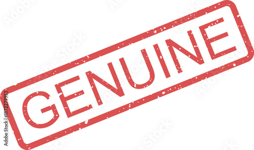 Distressed red rubber stamp showing the capital word GENUINE on a bright white background at an angle