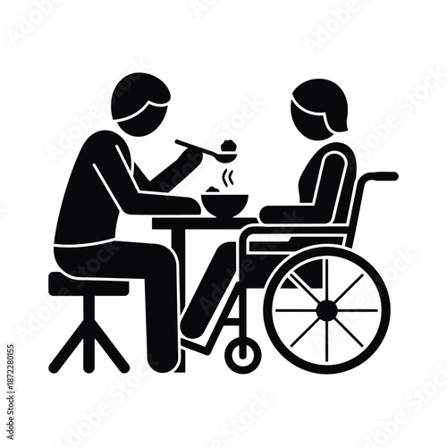 Silhouette Icon of a Caretaker Feeding a Person in a Wheelchair Representing Healthcare and Support