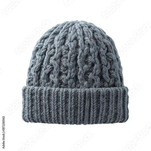 Warm Knitted Gray Beanie Resting on a Flat Surface During a Cozy Winter Day i...