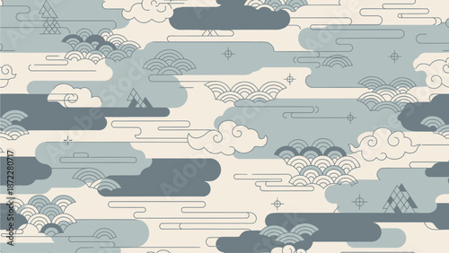 Abstract Clouds and Mountains Pattern with Japanese Wave Motifs