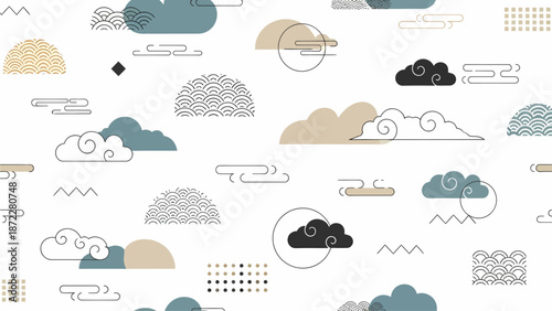 Modern abstract cloud pattern featuring subtle geometric lines and dots, creating a tranquil and elegant background inspired by East Asian art and minimalist design