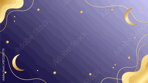 Elegant Golden Crescent Moon and Star Accents on a Gradient Purple Background, Ideal for Festive Occasions