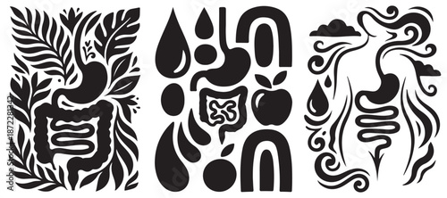 Abstract illustration of the human digestive system with organic elements and symbolic shapes, representing health and wellness.