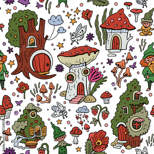 Vector pattern with gnomes and mushroom houses. Forest fairytale world. Seamless background with magical characters.