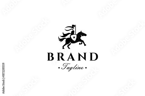 Warhorse soldiers wearing armor and shields in a flat vector logo design style.