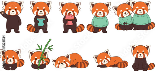 Cute red panda character set with winter clothes sleeping eating bamboo poses cartoon animal mascot vector illustration