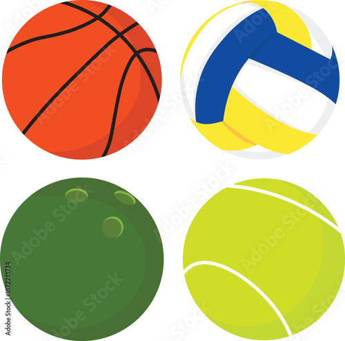 sports ball such as basketball, volleyball, bowling ball, and tennis ball vector illustrations icon and symbol set