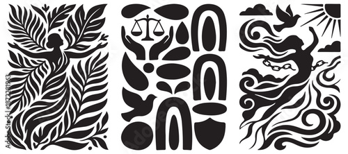 Collection of abstract black and white graphic elements representing freedom, justice, and nature.
