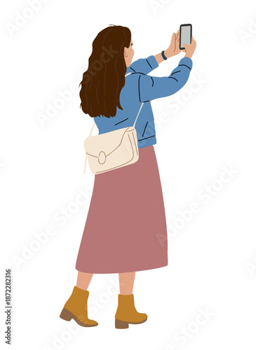Minimalist illustration of a woman taking a selfie from behind wearing denim jacket midi skirt and ankle boots in a clean modern style. Isolated on transparent background