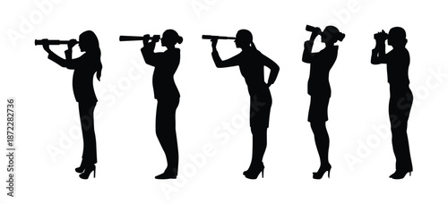 Female silhouette using binoculars observing the distance showing exploration and vision concept isolated on white background
