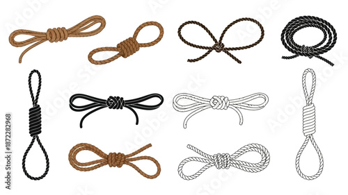 Illustrative collection of various rope knots in different colors and styles