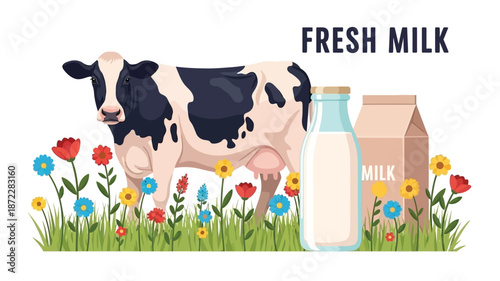 Fresh milk illustration featuring a cow bottle and wildflowers in a field