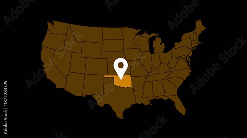 High quality 4K animation of the Oklahoma state map with a location pin marker. Clean motion graphic suitable for navigation, travel, business location, presentations
