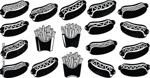 Hot dog and french fries fast food collection in black silhouette style, tasty street snack vector set for cafe menus, restaurant branding, and takeaway design projects