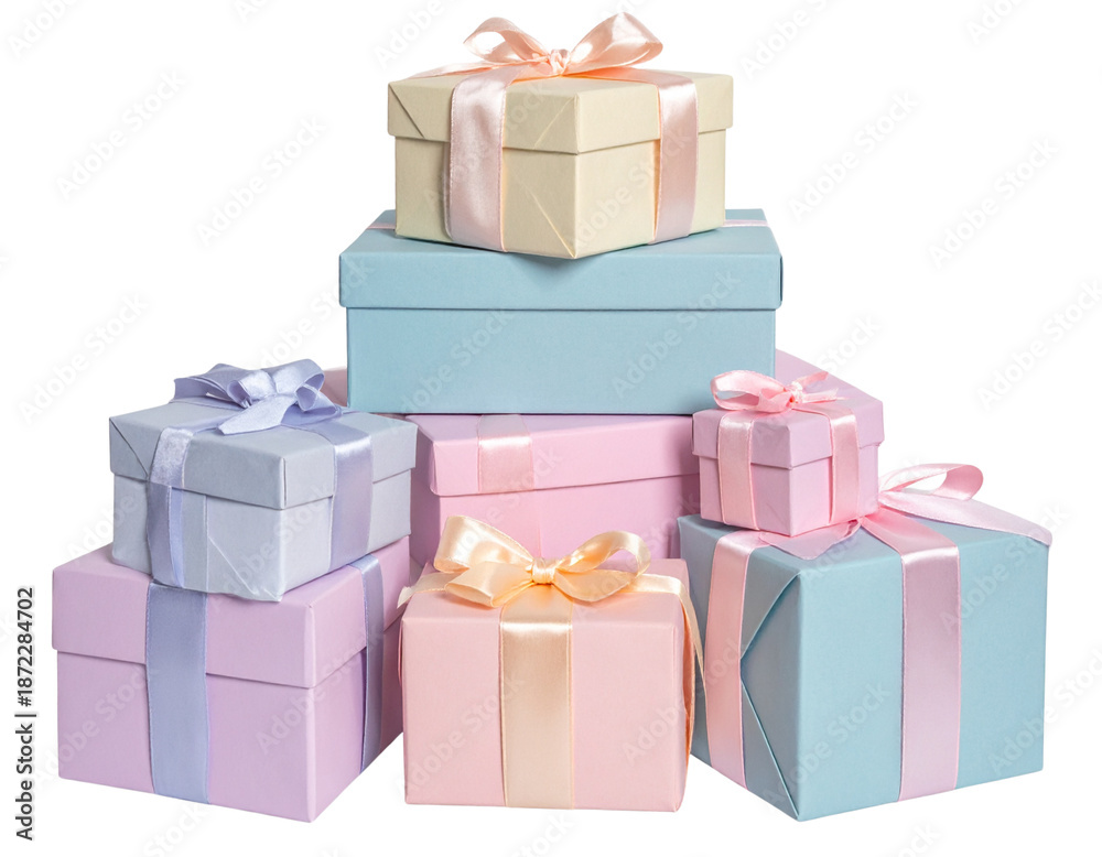Obraz premium Stack of Pastel Gift Boxes Wrapped with Ribbons, Isolated on Transparent Background