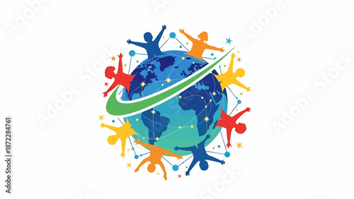 Vibrant vector illustration of a global community, featuring diverse, colorful people united around the Earth, symbolizing connection, collaboration, and a harmonious worldwide network