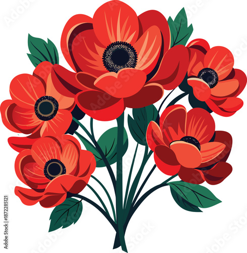 Vibrant red poppy flower bouquet with lush green foliage blooming brightly on white background