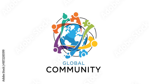 Vibrant emblem depicting a global community of diverse individuals united around the world, symbolizing international collaboration, teamwork, and cross-cultural connection