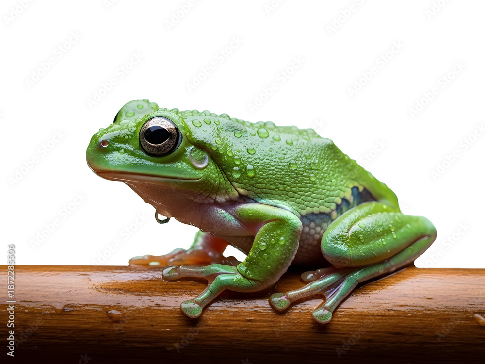 Obraz premium Green tree frog with water droplets on wooden branch isolated transparent background