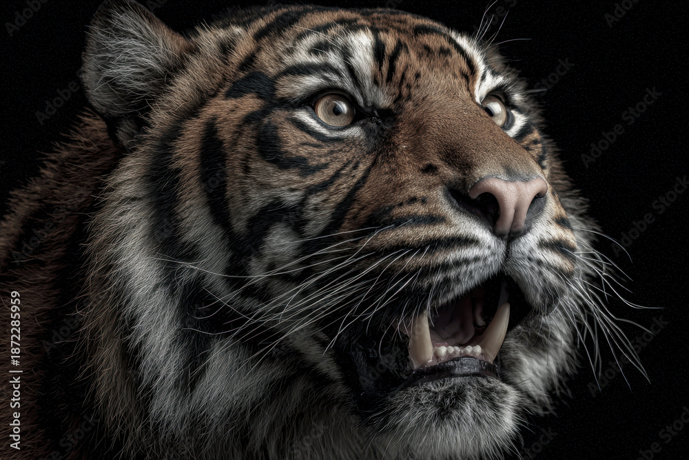 Obraz premium Tiger Roaring Against Black Background