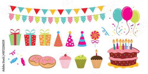 Festive decoration kit featuring bunting flags, party hats, gift boxes and sweets suitable for birthday party, carnival, anniversary and new year celebration. Vector accessories bundle.