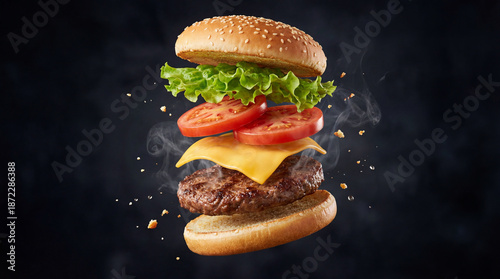 Deconstructed burger ingredients flying with hot patty