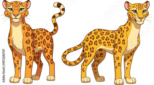 Leopard character pair with standing poses realistic spotted fur wild big cat animal vector illustration