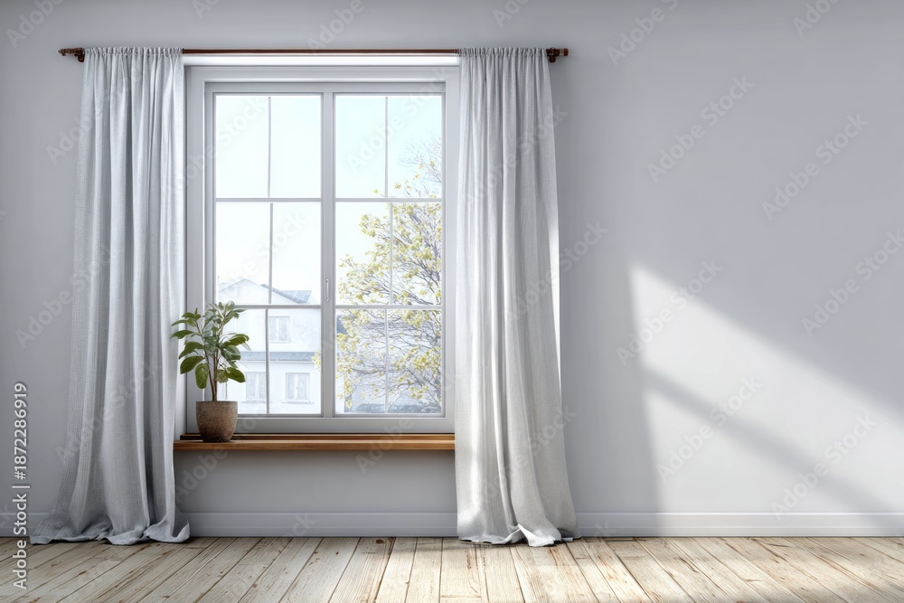 Fototapeta premium Sunlight streams through a window illuminating a simple room with curtains.