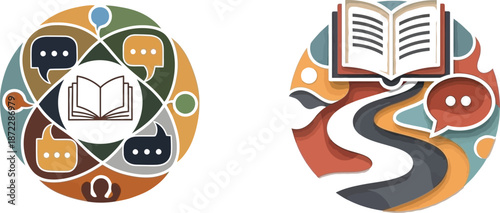 Abstract graphic illustrating interconnected communication bubbles surrounding an open book, symbolizing collaborative learning, knowledge sharing, and community dialogue