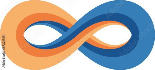 Abstract infinity symbol illustration with orange and blue flowing ribbons creating a seamless loop, representing eternity, continuity, and endless possibilities