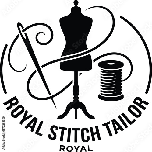 Royal stitch tailor logo design, sewing mannequin needle thread spool emblem, fashion atelier branding vector illustration