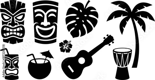 Tiki mask and tropical summer party elements vector illustration