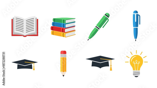 A collection of educational and office supplies including books, pens, pencils, graduation caps, and a light bulb, arranged on a white background.