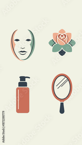A collection of beauty and skincare icons featuring a face mask, a rose, a lotion bottle, and a hand mirror on a light background.