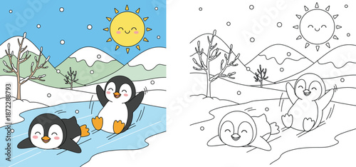 Coloring book page for kids with two cute penguins sliding on ice in winter landscape. Vector illustration of happy animals playing in snow with mountain background and sun.