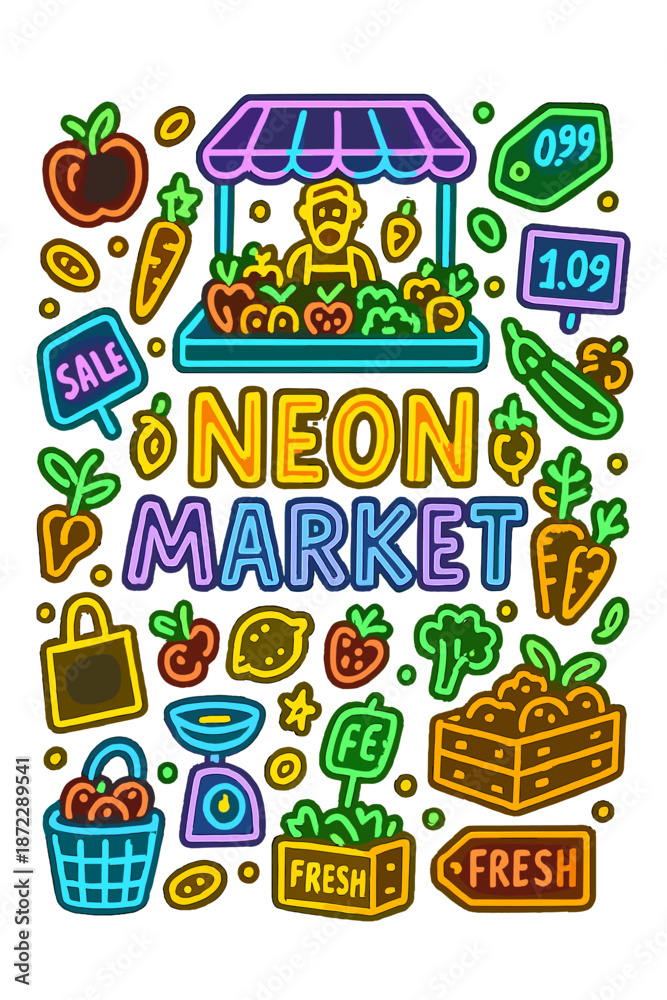 Naklejka premium Colorful Neon Market. Neon Market. Hand-drawn doodle illustration of Neon Market. glowing fruit
